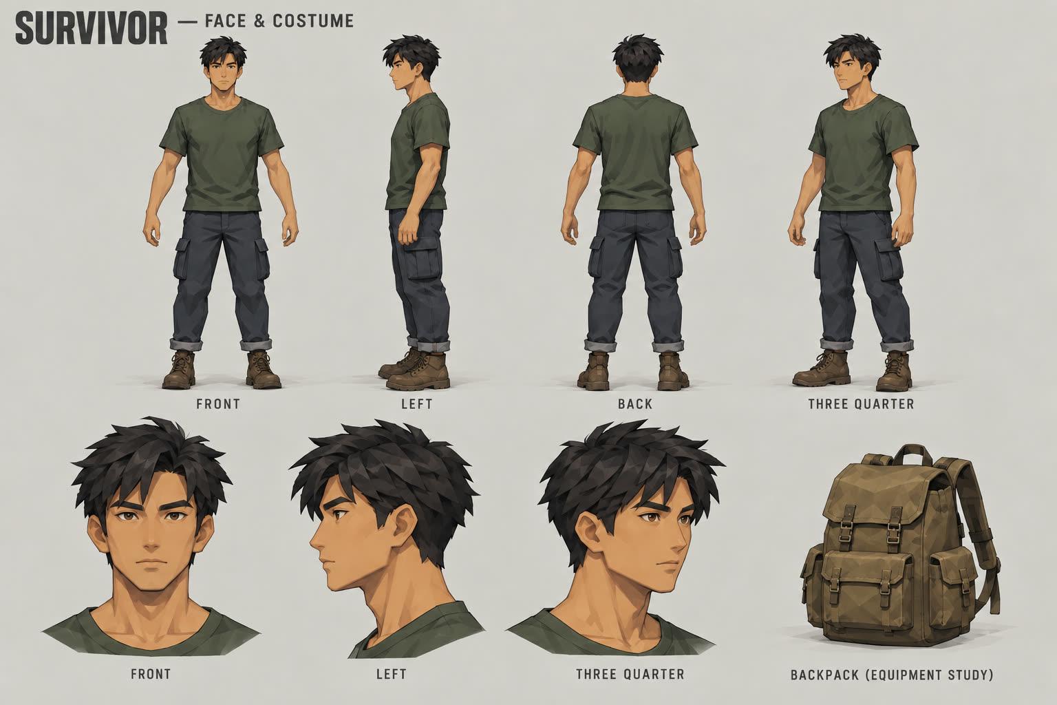 Concept sheet of the survivor: a young man in a green T-shirt, cargo jeans and boots, with a canvas backpack