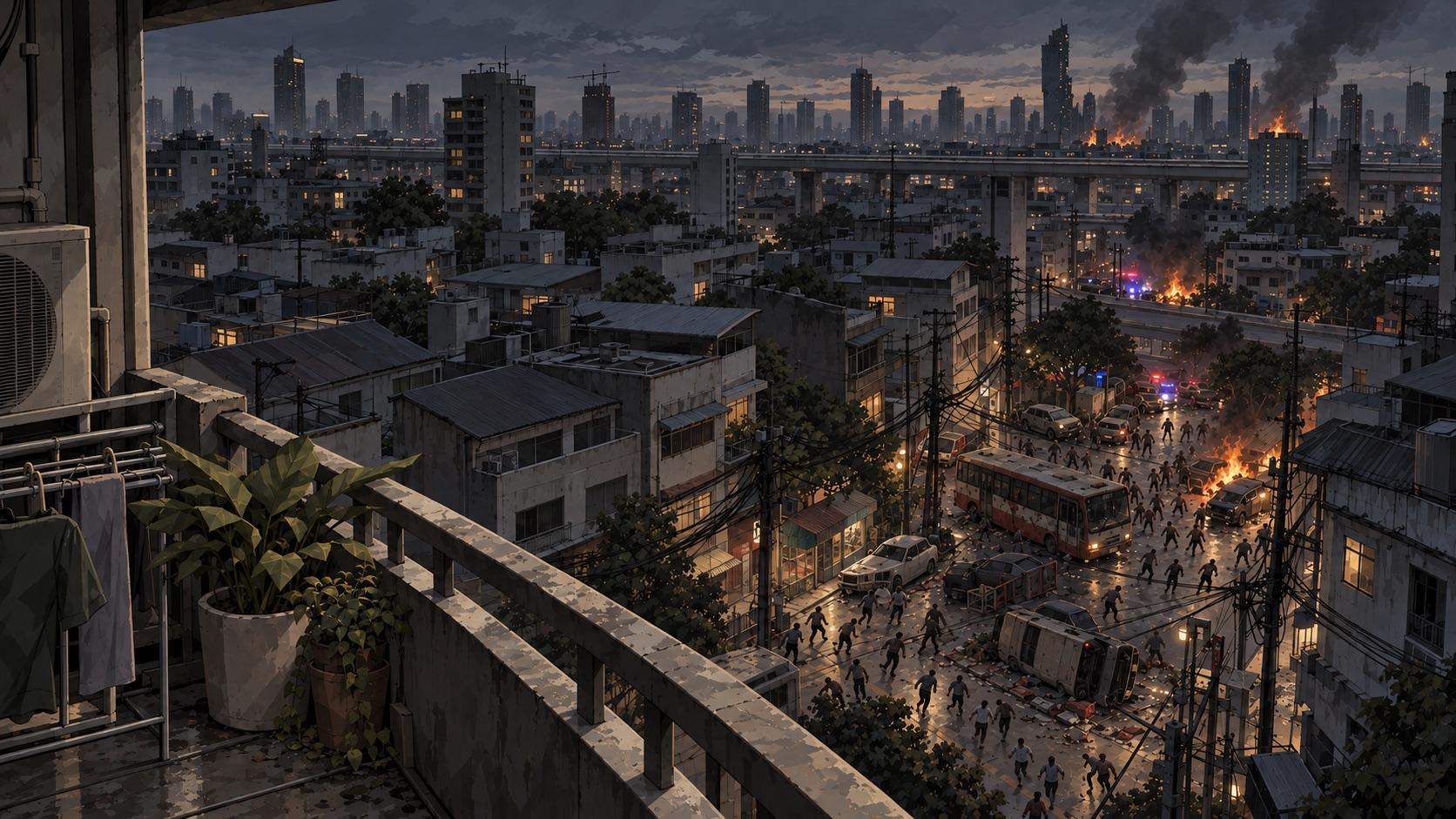 A condo balcony at dusk above a Bangkok street, the dead crowding between burning cars and a stalled bus