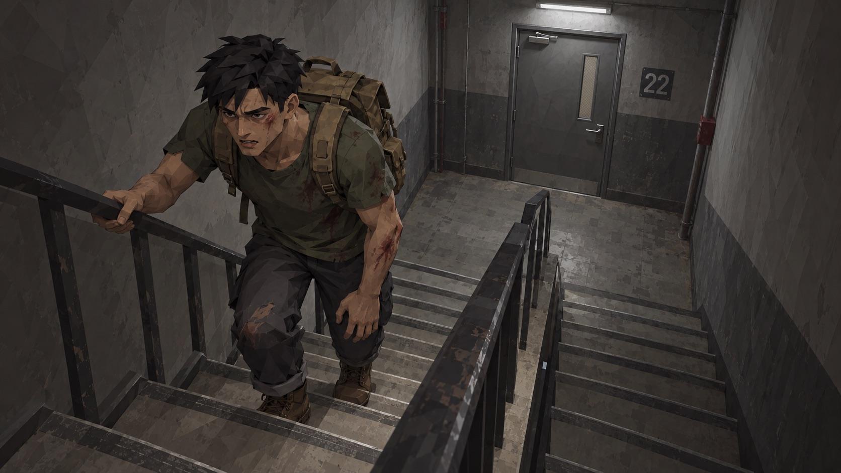 The survivor climbing a concrete fire stairwell, one hand on the rail, toward a door marked 22
