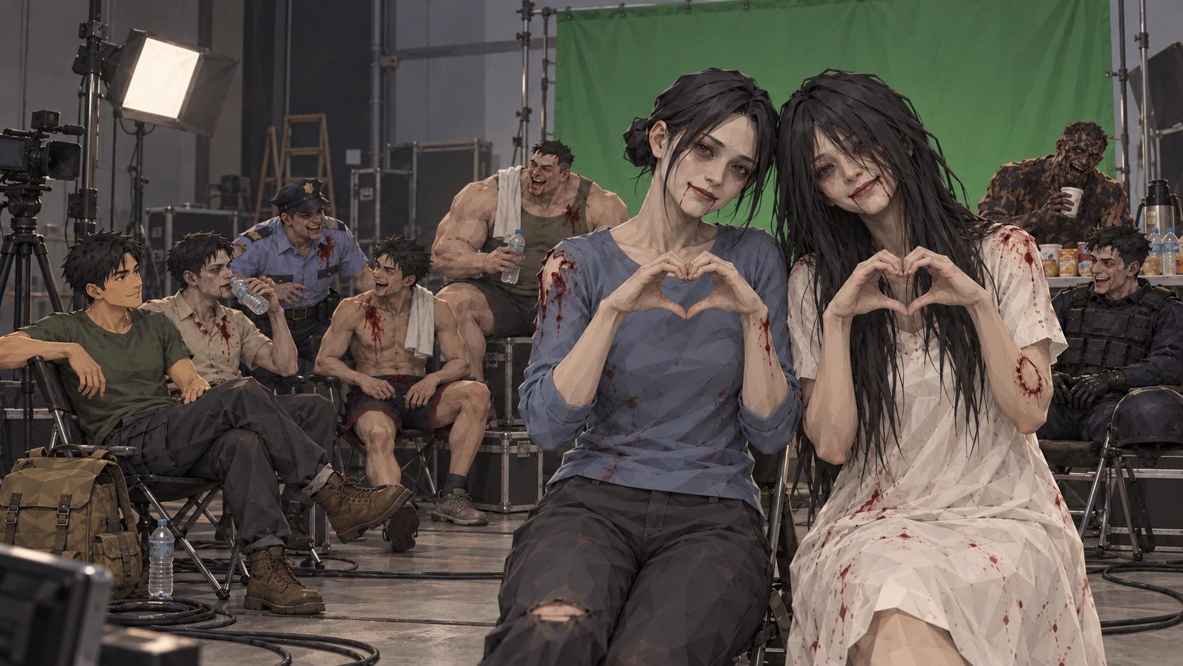 The cast on a break between takes: the survivor and the turned residents resting on a film set, two of them making heart shapes at the camera